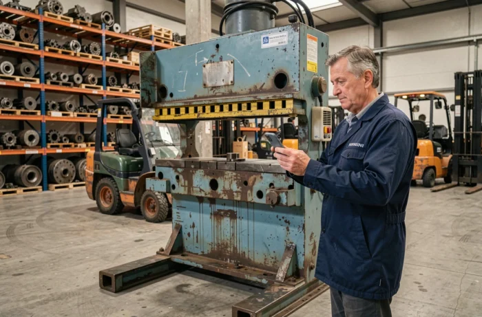 Vendeur de matériel industriel d'occasion photographiant une presse hydraulique dans un entrepôt
