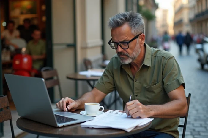Homme vérifiant la validité d'une amende italienne sur son ordinateur portable à une terrasse de café romaine