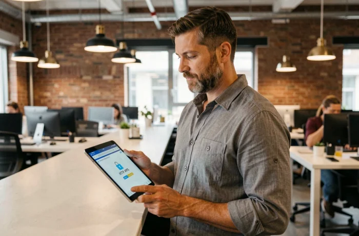 Homme vérifiant la sécurité HTTPS d'un site web sur une tablette dans un espace de coworking
