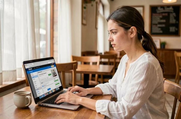 Jeune femme vérifiant la crédibilité d'un site internet en comparant plusieurs sources dans un café