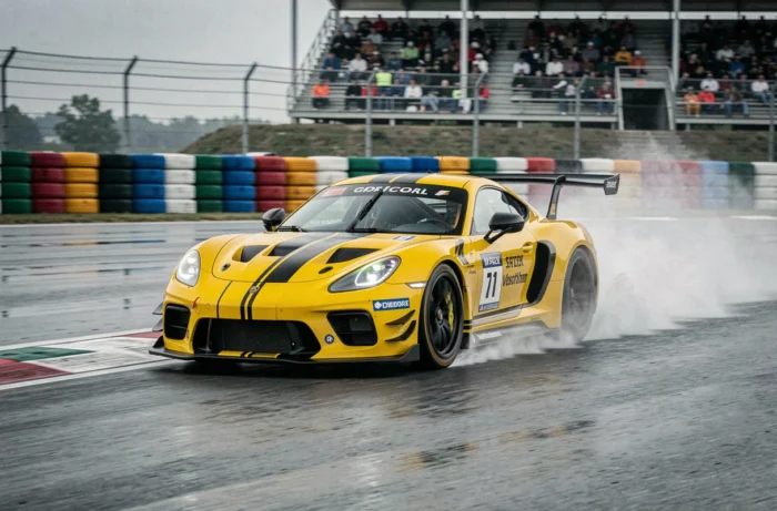 Voiture de course GT jaune en dérapage contrôlé sur circuit mouillé sous ciel couvert, avec projection d'eau et public en arrière-plan flou